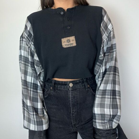 Reworked Wrangler Long Sleeve Mid Crop Baggy Relaxed Fall Flannel Shirt Top - Picture 4 of 4